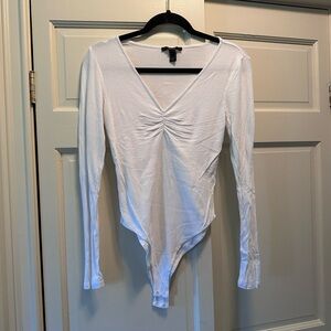 Forever 21 White Ruched V-Neck Bodysuit